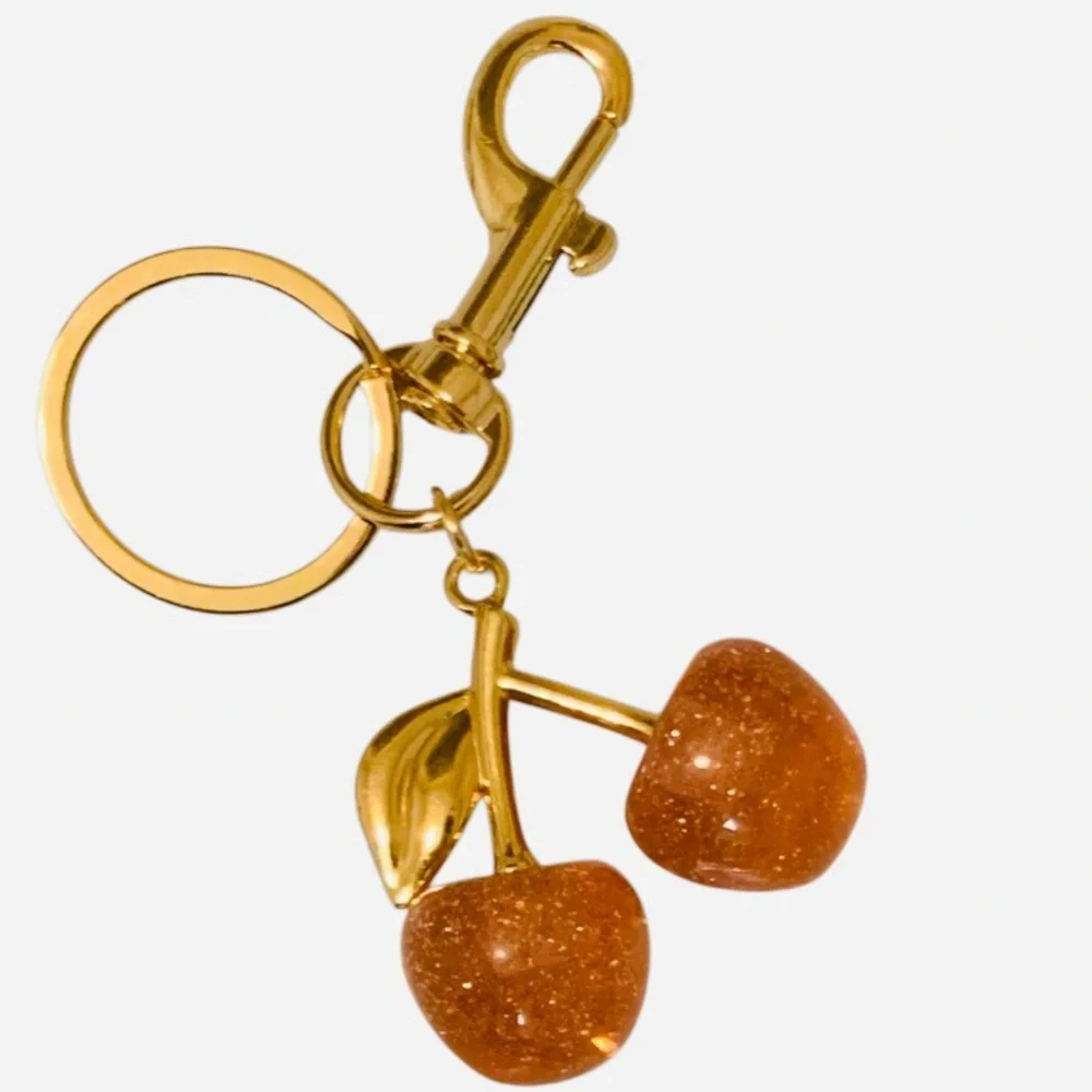 Gold Cherry Fruit Keychain Bag Charm Pendant with Pink Glitter Cherries Bling - Picture 6 of 12